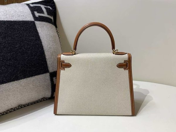 Hermès Kelly 25 Sellier in Toile and Barenia Faubourg Leather, Gold Hardware