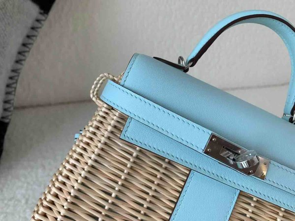 Hermès Mini Kelly Picnic Swift & Wicker Bleu Brume x Palladium Hardware
