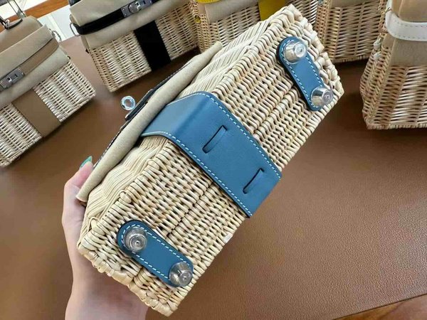 Hermès Mini Kelly Picnic Wicker Blue Jean x Palladium Hardware