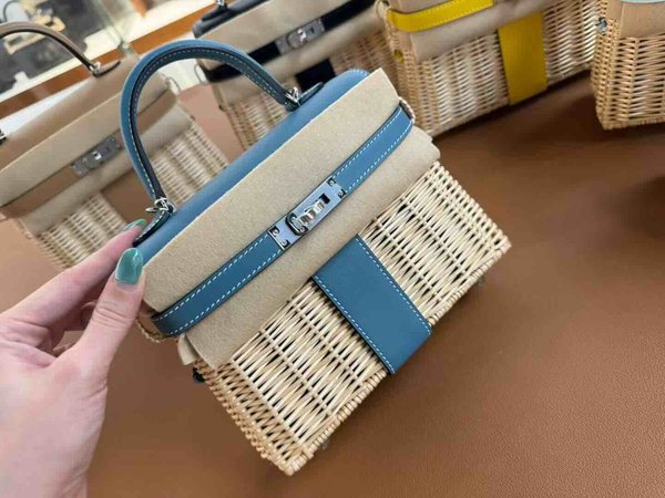 Hermès Mini Kelly Picnic Wicker Blue Jean x Palladium Hardware