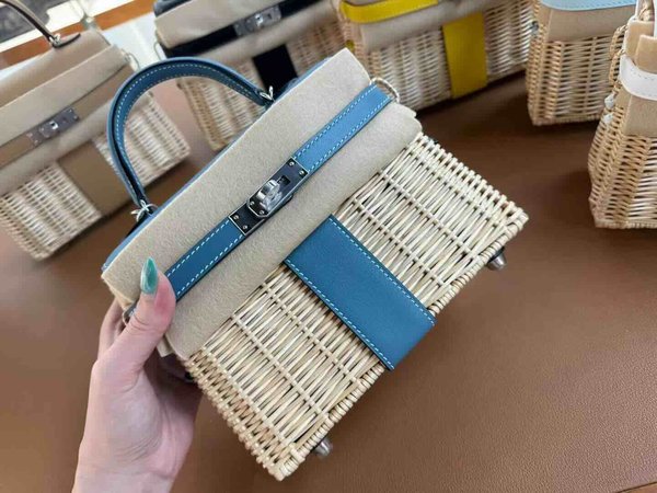 Hermès Mini Kelly Picnic Wicker Blue Jean x Palladium Hardware