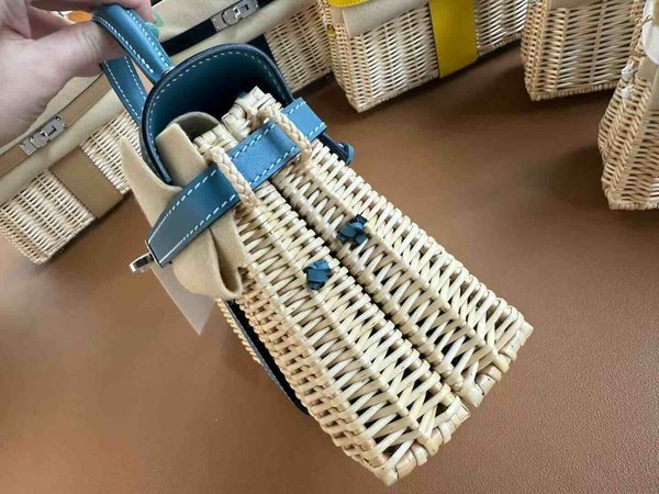 Hermès Mini Kelly Picnic Wicker Blue Jean x Palladium Hardware