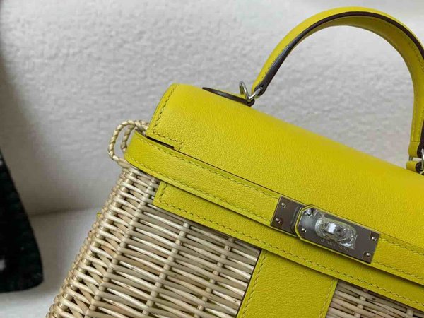 Hermès Mini Kelly Picnic Swift & Wicker Jaune de Naples x Palladium Hardware