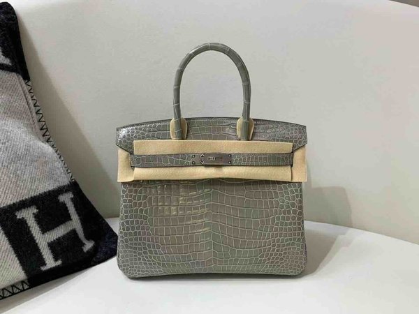 Hermès Birkin 30 Shiny Porosus Crocodile Gris Tourterelle x Palladium Hardware