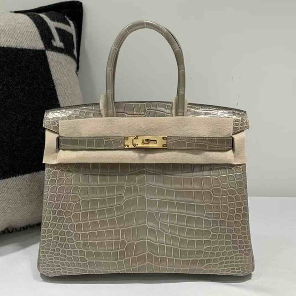 Hermès Birkin 30 Gris Tourterelle Shiny Porosus Crocodile / Gold Hardware
