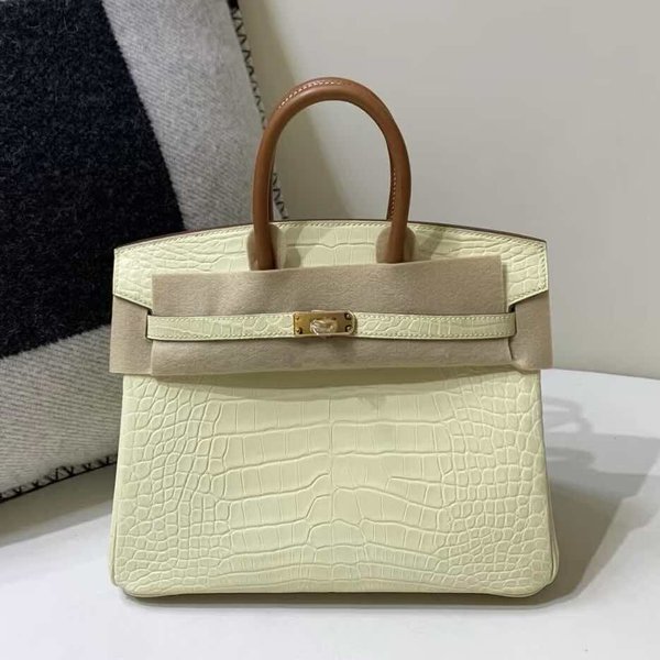Hermès Birkin 25 Jaune Poussin Matte Niloticus Crocodile & Gold Leather Handle x Gold Hardware