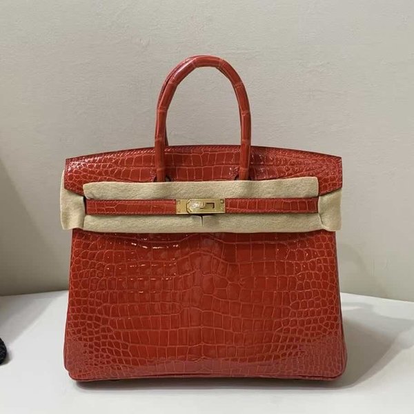 Hermès Birkin 25 Shiny Porosus Crocodile Ferrari Red x Gold Hardware