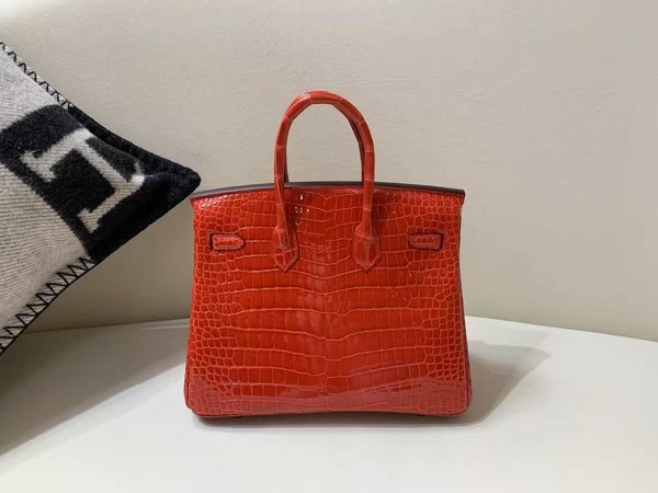 Hermès Birkin 25 Shiny Porosus Crocodile Ferrari Red x Gold Hardware