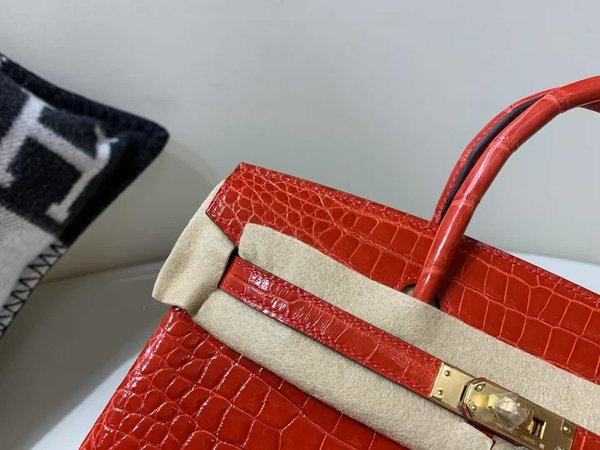 Hermès Birkin 25 Shiny Porosus Crocodile Ferrari Red x Gold Hardware