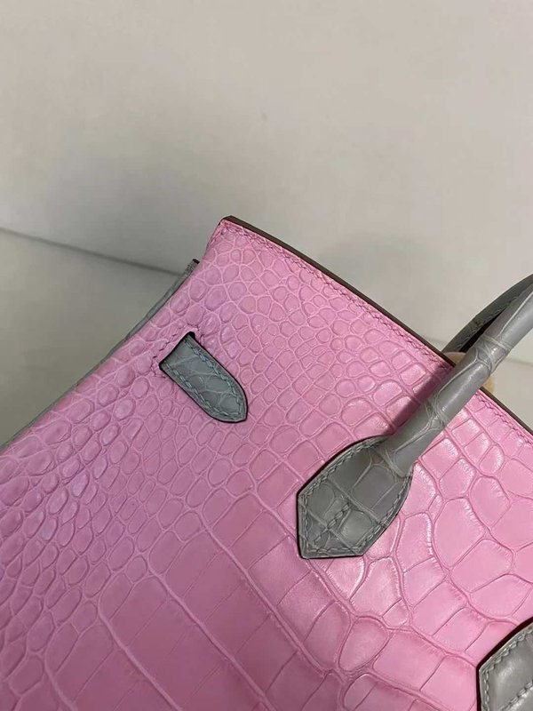 Hermès Birkin 25 Crocodile Rose Sakura with Gris Asphalte Strap x Palladium Hardware