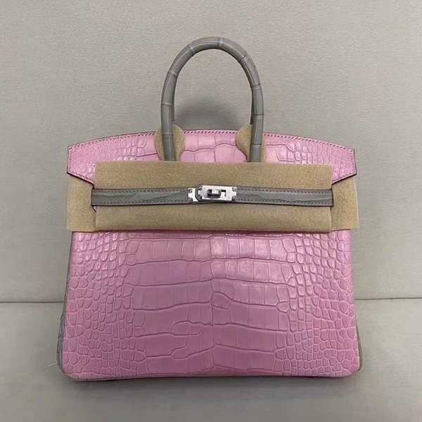 Hermès Birkin 25 Crocodile Rose Sakura with Gris Asphalte Strap x Palladium Hardware