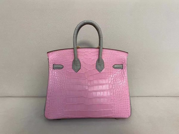 Hermès Birkin 25 Crocodile Rose Sakura with Gris Asphalte Strap x Palladium Hardware