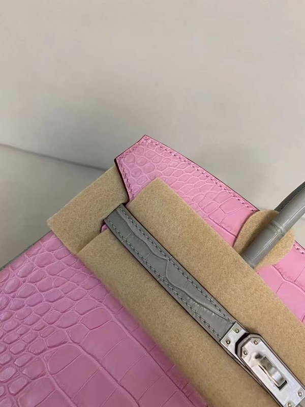 Hermès Birkin 25 Crocodile Rose Sakura with Gris Asphalte Strap x Palladium Hardware