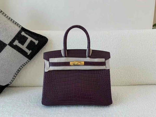 Hermès Birkin 30 Matte Porosus Crocodile Amethyst x Gold Hardware
