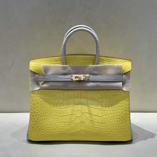 Hermès Birkin 25 Matte American Alligator Marigold with Pearl Grey x Gold Hardware