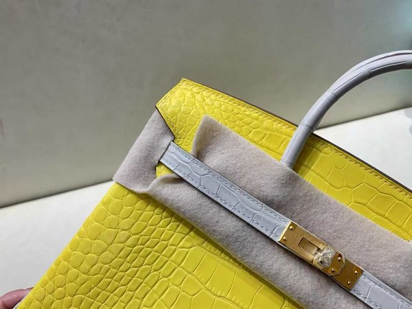 Hermès Birkin 25 Matte American Alligator Marigold with Pearl Grey x Gold Hardware