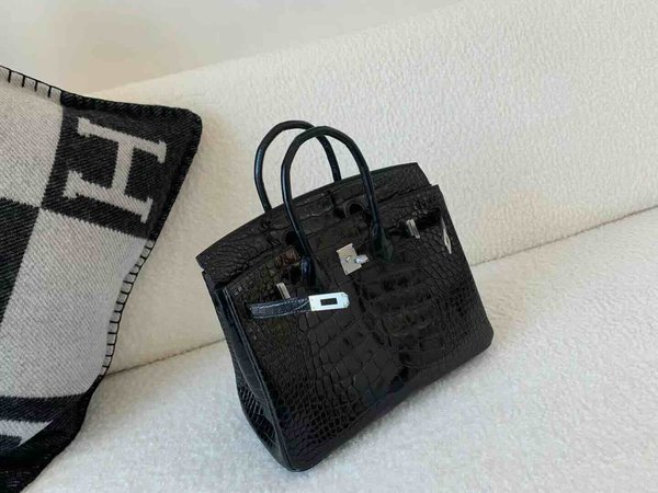 Birkin 25 Shiny Alligator Mississippiensis Noir x Palladium Hardware