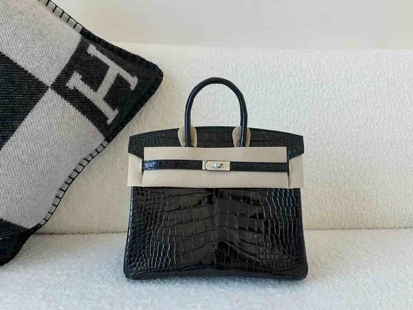 Birkin 25 Shiny Alligator Mississippiensis Noir x Palladium Hardware
