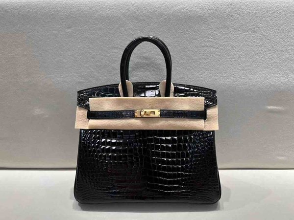 Hermès Birkin 25 Shiny Porosus Crocodile Noir x Gold Hardware