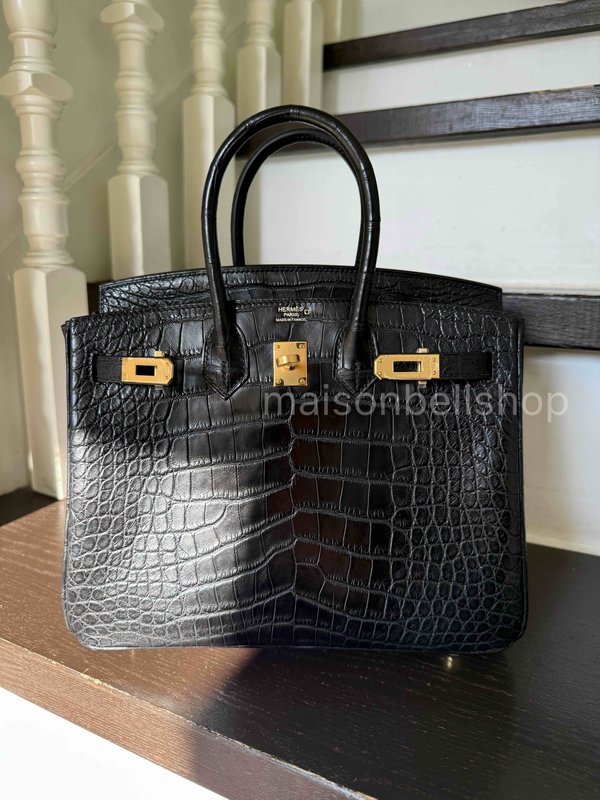 Hermès Birkin 25 Noir Matte Alligator x Gold Hardware