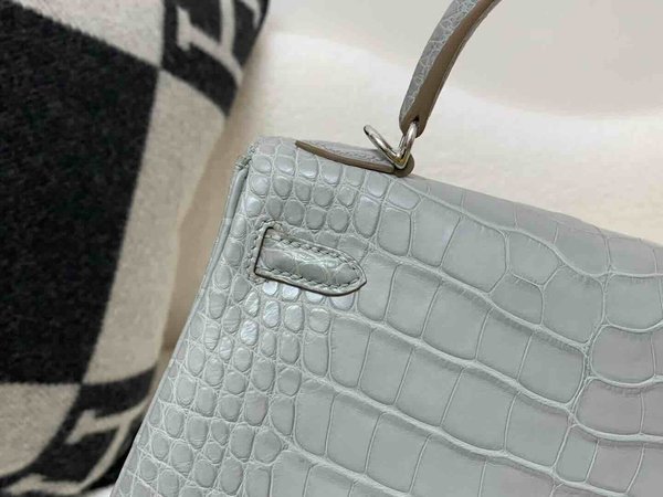 Hermès Kelly 25 Alligator Matte Gris Perle (80 Pearl Grey) with Lemon Yellow Interior, Palladium Hardware