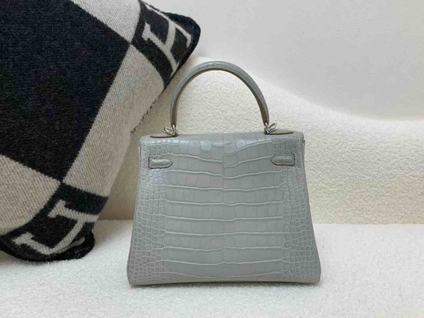 Hermès Kelly 25 Alligator Matte Gris Perle (80 Pearl Grey) with Lemon Yellow Interior, Palladium Hardware