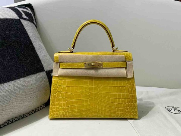 Hermès Kelly 25 Alligator Shiny Amber Yellow with Palladium Hardware (In Stock)