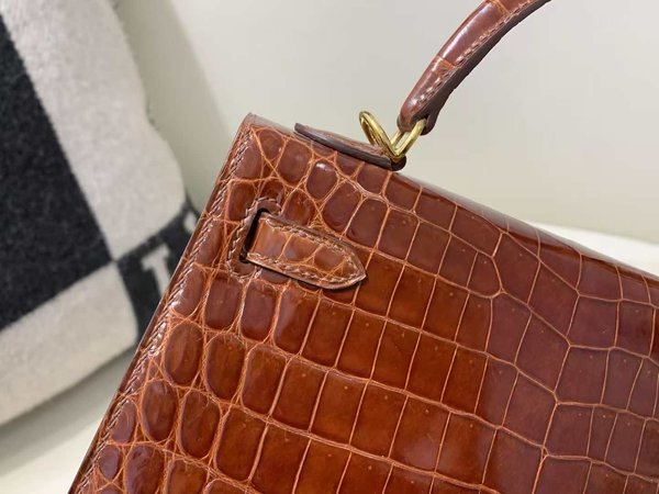 Hermès Kelly 25 Sellier Shiny Porosus Crocodile Miel with Gold Hardware