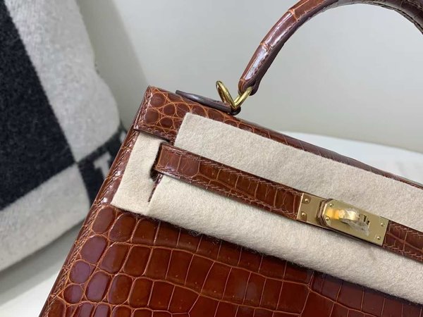 Hermès Kelly 25 Sellier Shiny Porosus Crocodile Miel with Gold Hardware