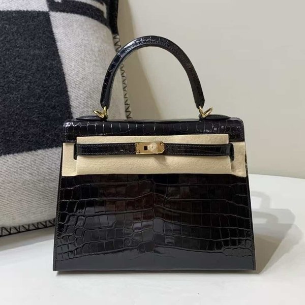 Hermès Kelly 25 Sellier Shiny Porosus Alligator Noir Gold Hardware
