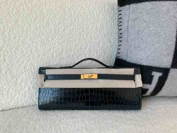 Hermès Kelly Cut 31 Shiny Porosus Crocodile Vert Rousseau x Gold Hardware