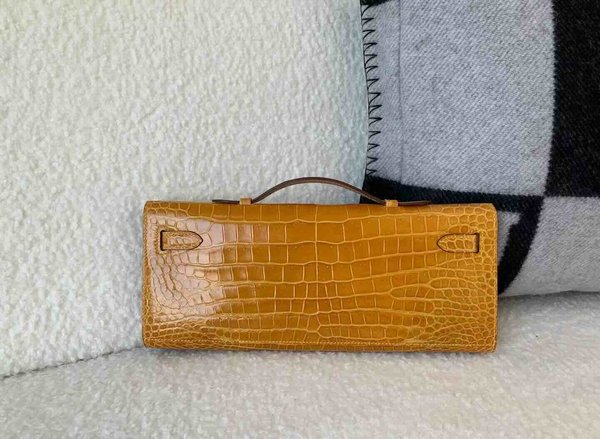 Hermès Kelly Cut 31 Shiny Porosus Crocodile Amber (Gold Family) x Gold Hardware