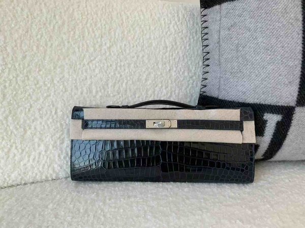 Hermès Kelly Cut 31 Shiny Porosus Crocodile Bleu Nuit x Palladium Hardware