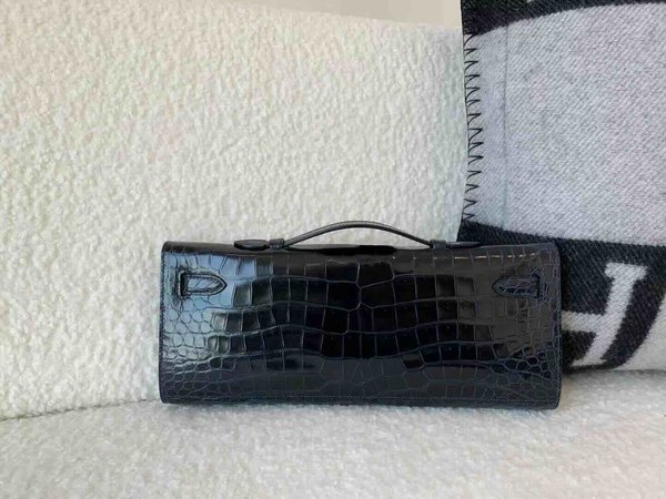 Hermès Kelly Cut 31 Shiny Porosus Crocodile Bleu Nuit x Palladium Hardware