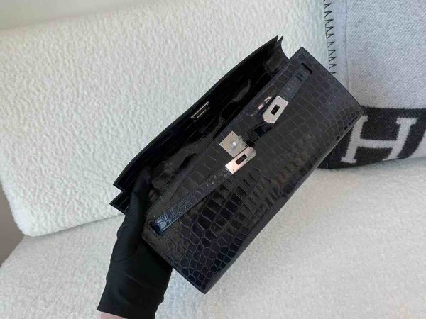 Hermès Kelly Cut 31 Shiny Porosus Crocodile Bleu Nuit x Palladium Hardware