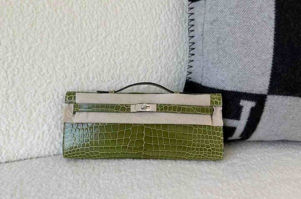 Hermès Kelly Cut 31 Shiny Porosus Crocodile Olive Green x Palladium Hardware