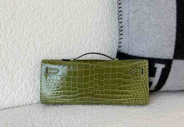 Hermès Kelly Cut 31 Shiny Porosus Crocodile Olive Green x Palladium Hardware
