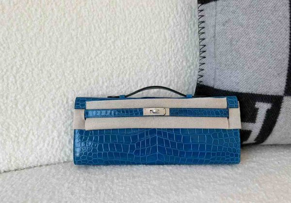 Hermès Kelly Cut 31 Shiny Porosus Crocodile Izmir Blue x Palladium Hardware