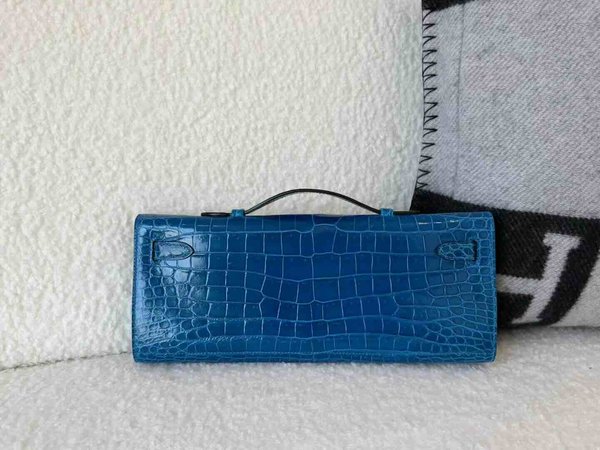 Hermès Kelly Cut 31 Shiny Porosus Crocodile Izmir Blue x Palladium Hardware