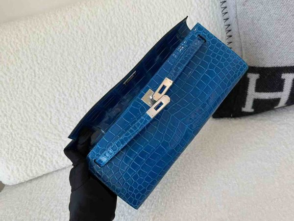 Hermès Kelly Cut 31 Shiny Porosus Crocodile Izmir Blue x Palladium Hardware