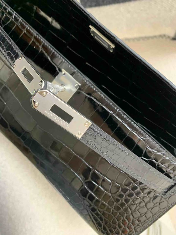 Hermès Kelly Cut 31 Porosus Crocodile Noir x Palladium Hardware