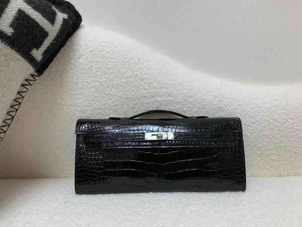 Hermès Kelly Cut 31 Porosus Crocodile Noir x Palladium Hardware