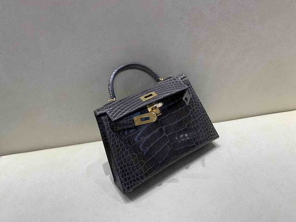 Hermès Mini Kelly II Shiny Alligator Gris Graphite x Gold Hardware