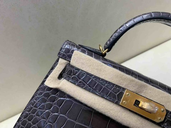 Hermès Mini Kelly II Shiny Alligator Gris Graphite x Gold Hardware