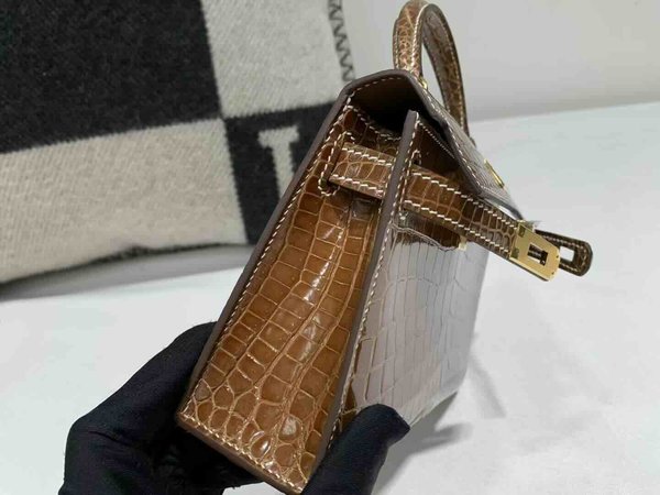 Hermès Mini Kelly II Shiny Alligator Tobacco Grey x Gold Hardware