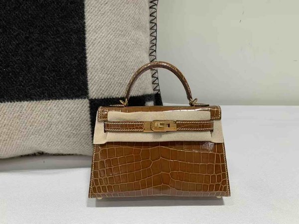 Hermès Mini Kelly II Shiny Alligator Tobacco Grey x Gold Hardware