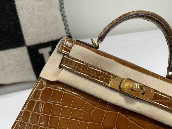 Hermès Mini Kelly II Shiny Alligator Tobacco Grey x Gold Hardware