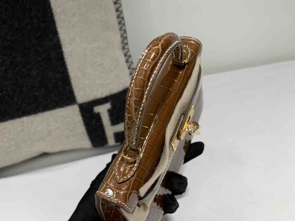Hermès Mini Kelly II Shiny Alligator Tobacco Grey x Gold Hardware