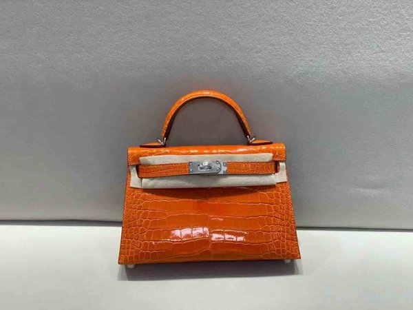 Hermès Mini Kelly II Shiny Alligator Orange x Palladium Hardware