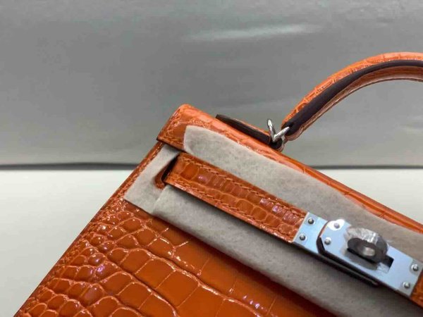 Hermès Mini Kelly II Shiny Alligator Orange x Palladium Hardware